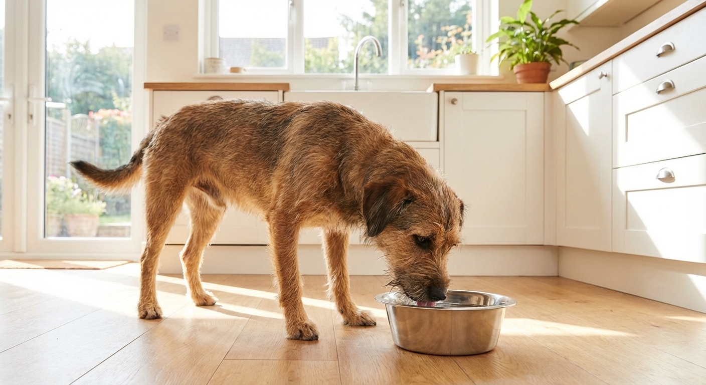A calm mixed-breed dog drinking water from a stainless steel bowl in a bright kitchen