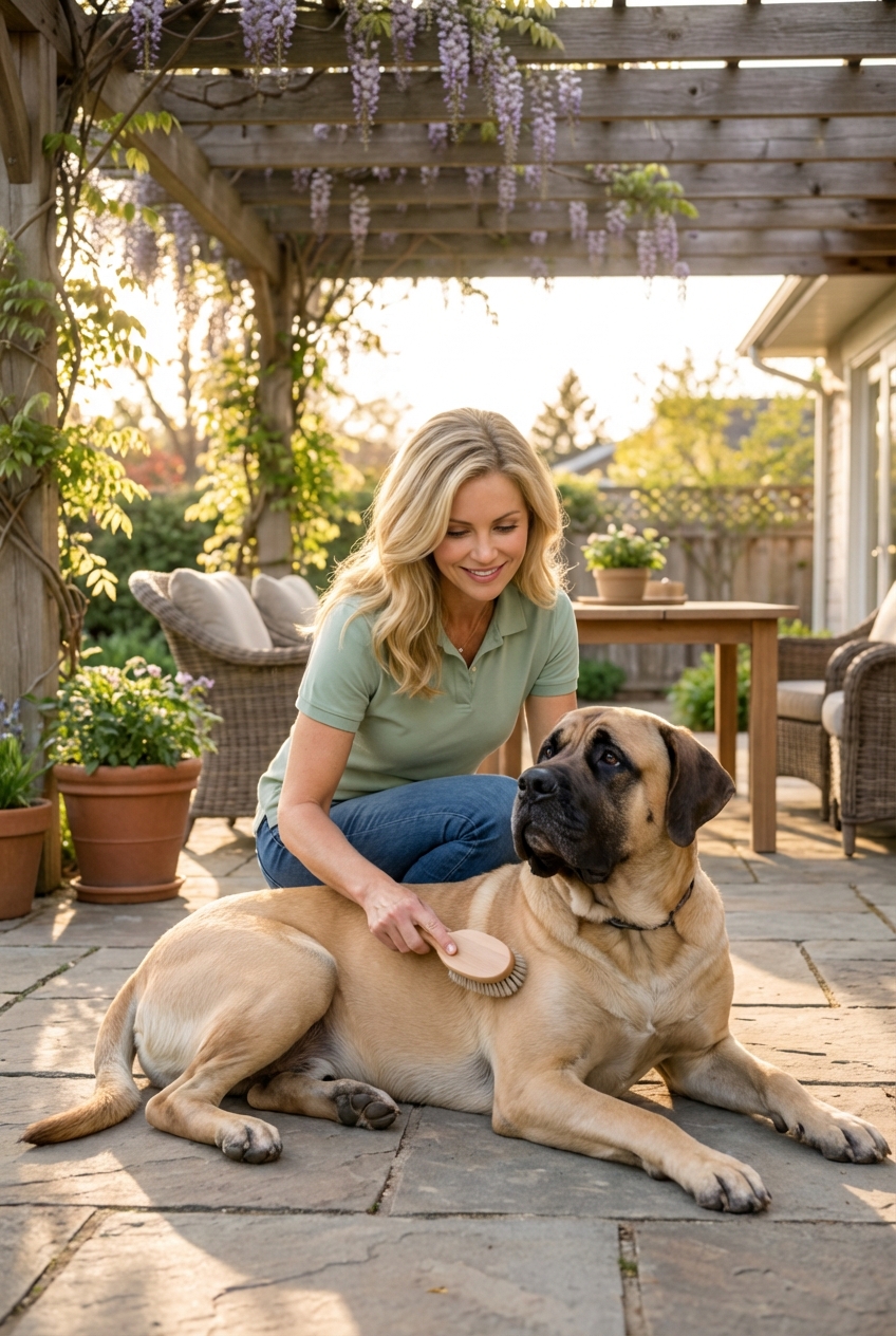 A person gently brushing an English Mastiff outdoors on a shaded patio
