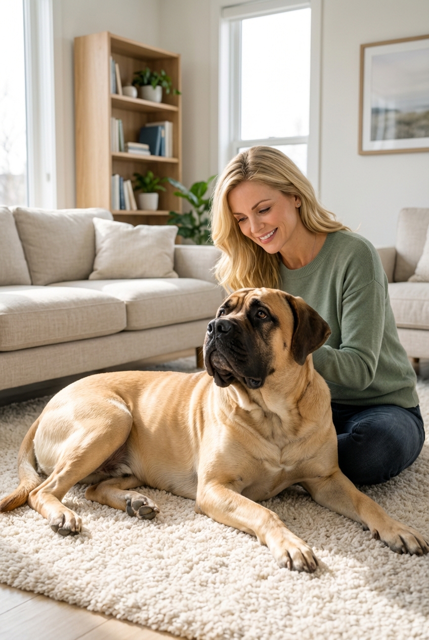 A relaxed fawn English Mastiff lying on a living room rug while looking up at its owner