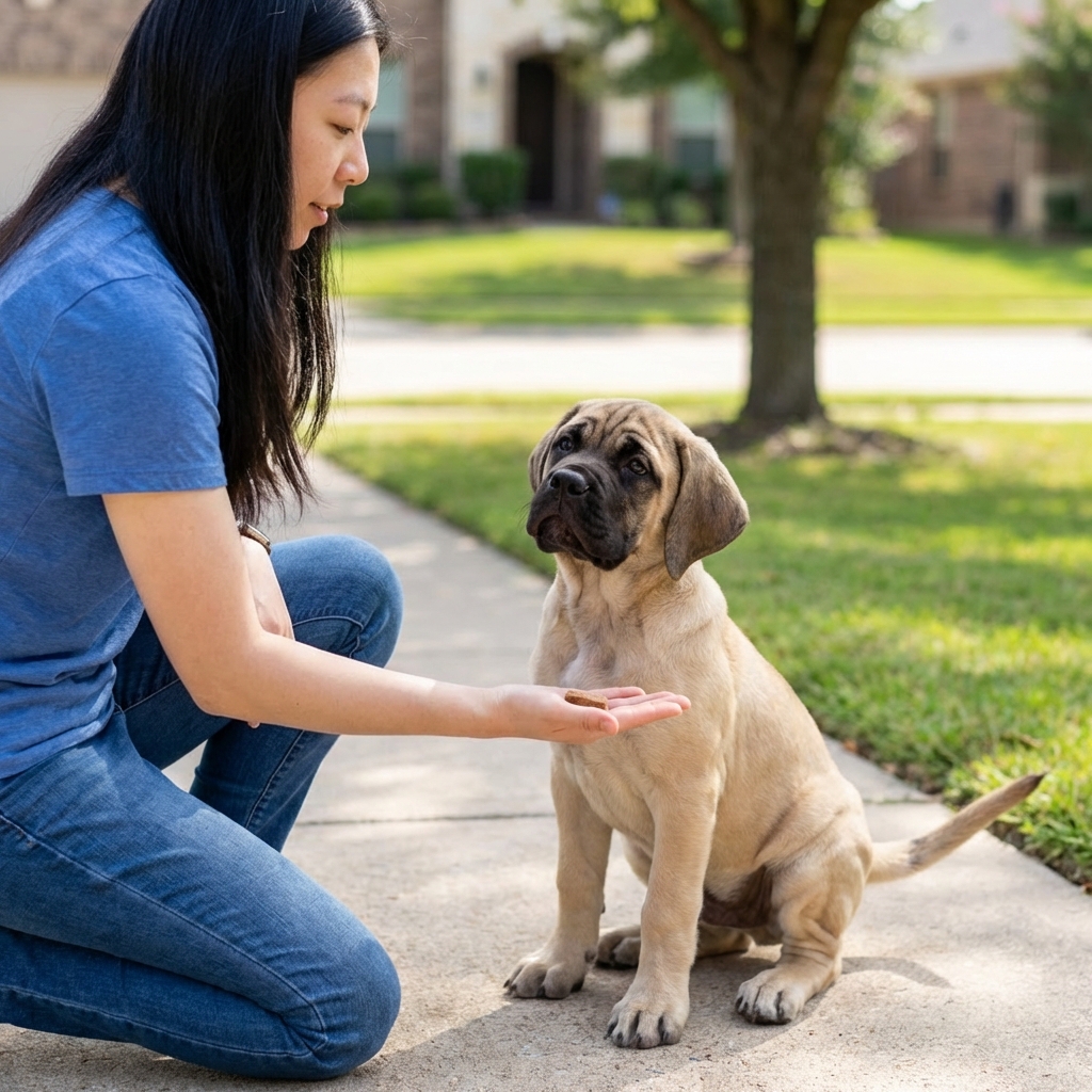 An English Mastiff puppy sitting politely while a person offers a treat in an open palm