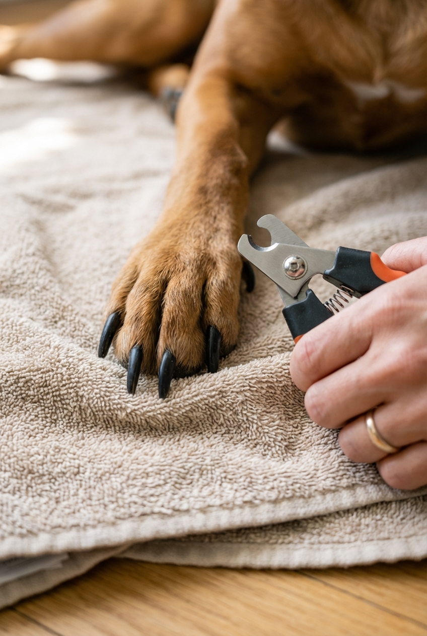 Close-up of a dog paw with black nails resting on a towel while a person holds a nail clipper nearby